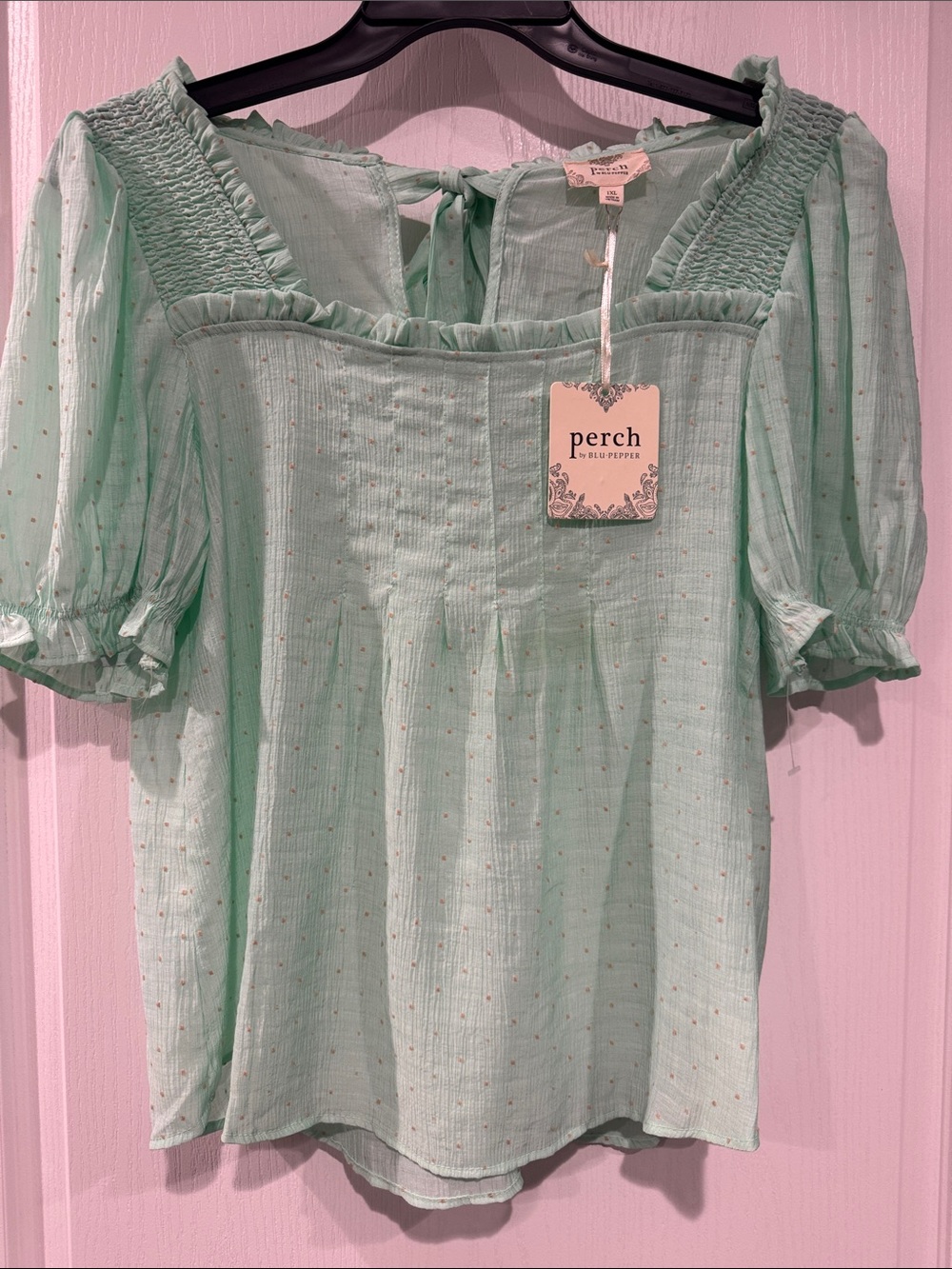 Perch by Blu Pepper 1XL Mint Smocked Square Neck Blouse NWT